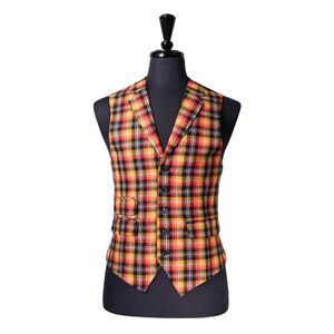 Mens Plaid Vest 40R Orange Yellow Black Wool Waistcoat Wedding Prom Formal Party
